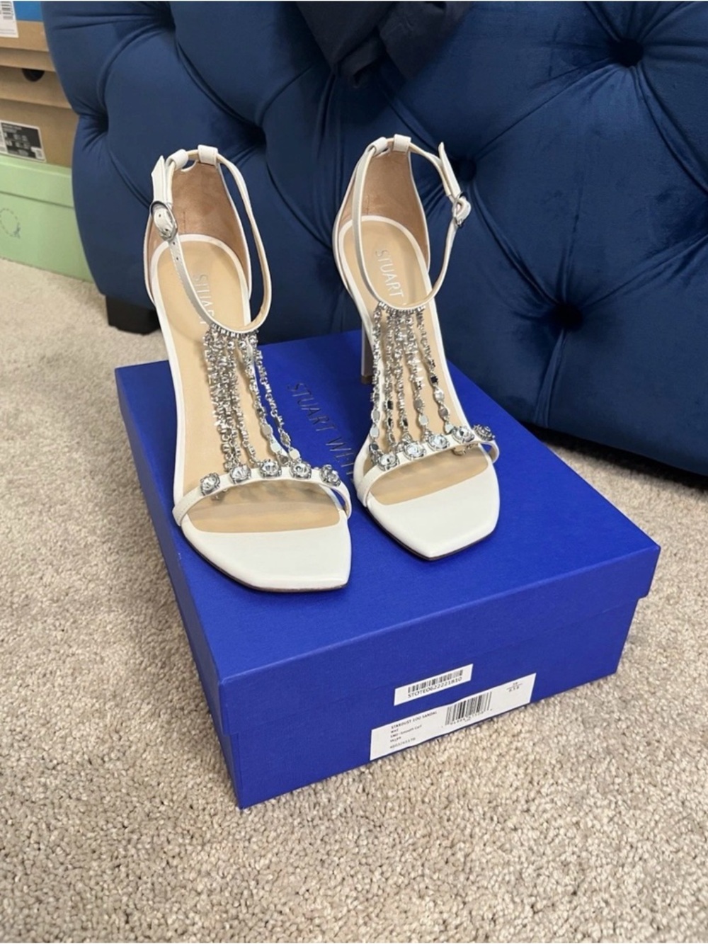 Stuart Weitzman Ivory Crystal T-Strap High Heel Sandals - Picture 4 of 10
